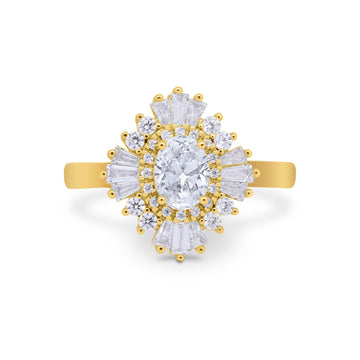 Art Deco Vintage Oval Halo Wedding Ring Yellow Tone, Simulated Cubic Zirconia 925 Sterling Silver
